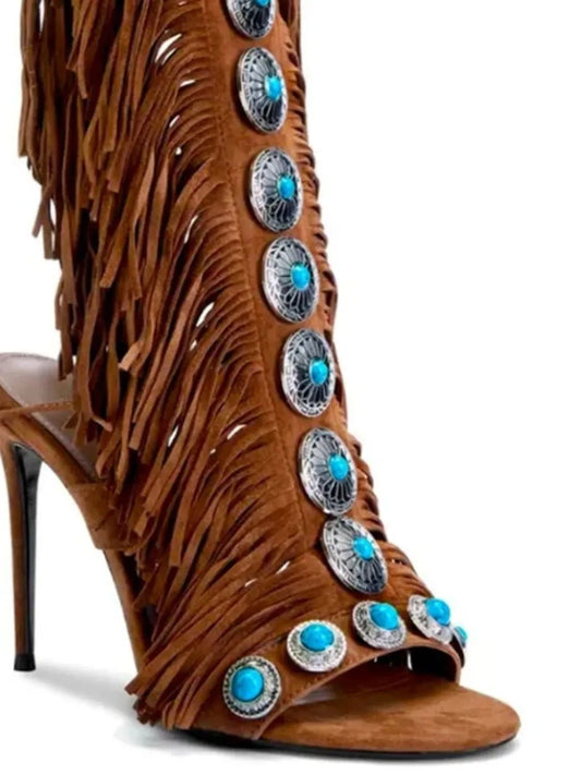 Fringe Lace Up High Heel Sandal.