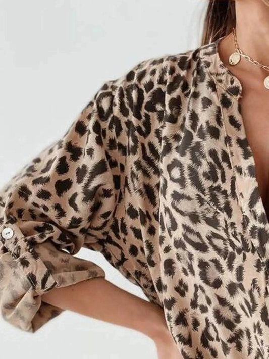 Plus Size Leopard Print Blouse with Roll-Tab Sleeves for Effortless Style - Redemption By Ashley North