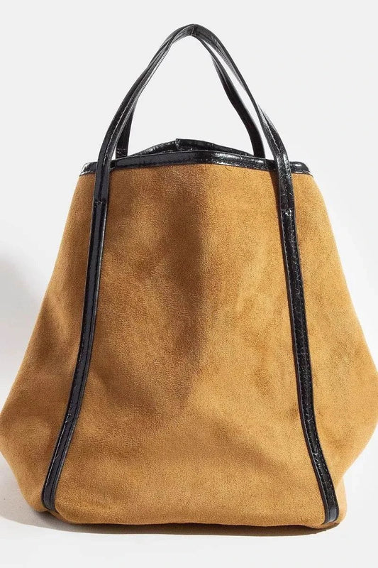 Fame Suede Tote in tan with black faux leather trim and shoulder strap large size handbag