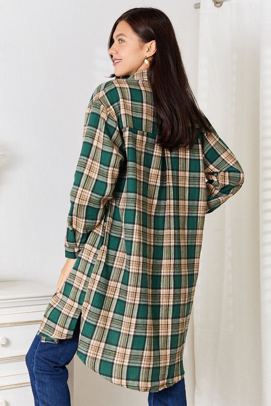 Back view of Mandy Plaid Collared Neck long sleeve shirt in green and beige plaid worn by woman