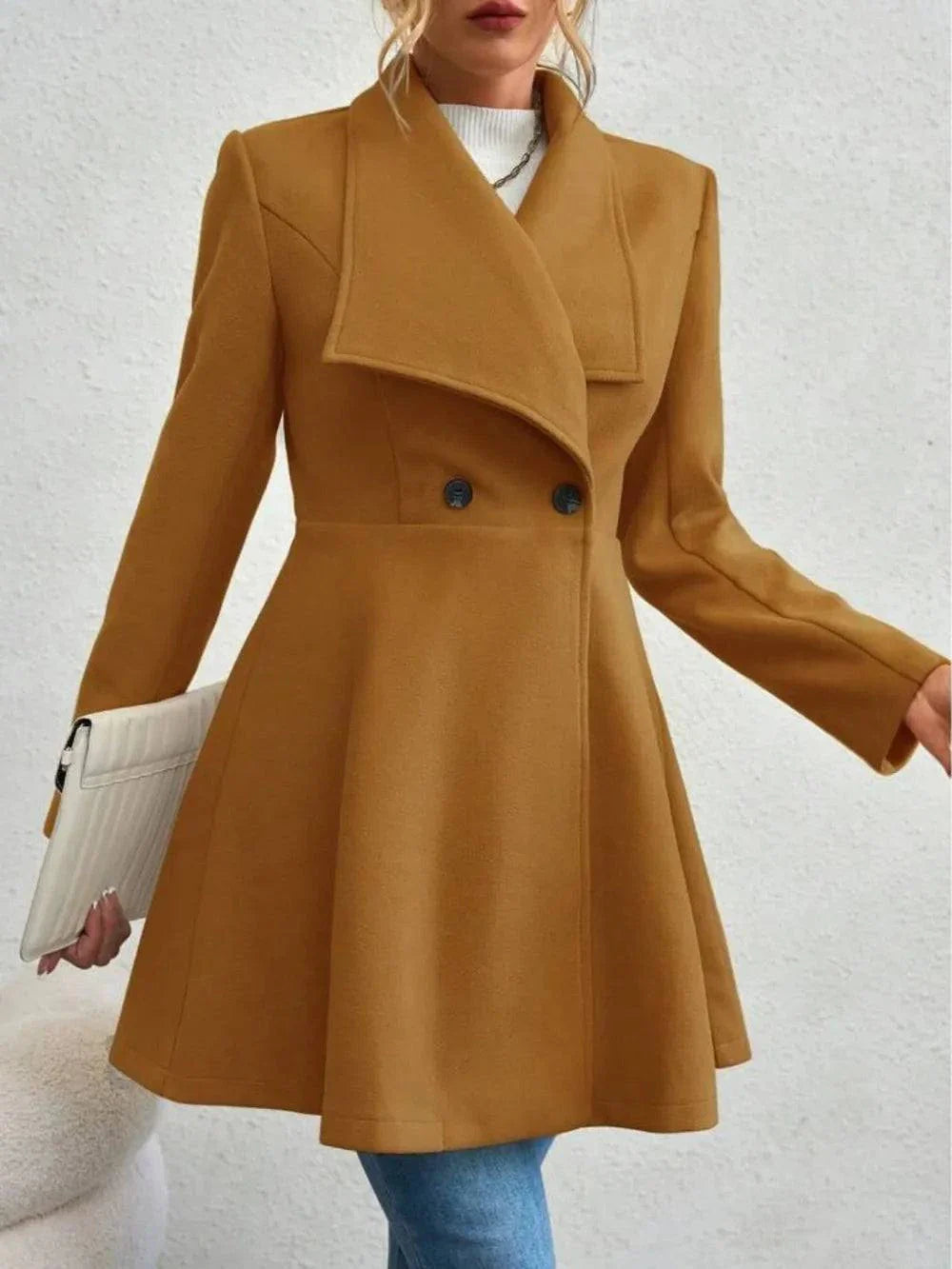 Women’s collared neck button up long sleeve coat in mustard yellow with flared hem and double buttons