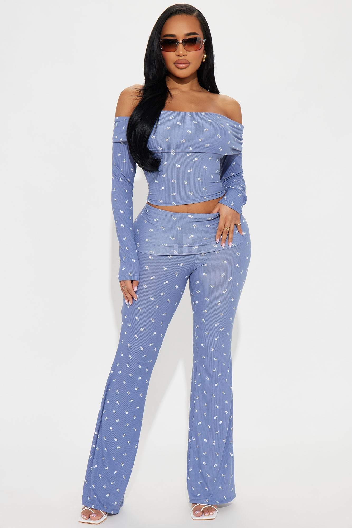 Bella Ditsy Floral Flare Pant set - Blue/comboAvailable In Blue/combo. Long Sleeve Top and Flare Leg Pant Set Stretch Regular 33" Inseam Elastic Waistband Self: 87% Polyester 13% Spandex Imported California PropMatching SetsBella Ditsy Floral Flare Pant set