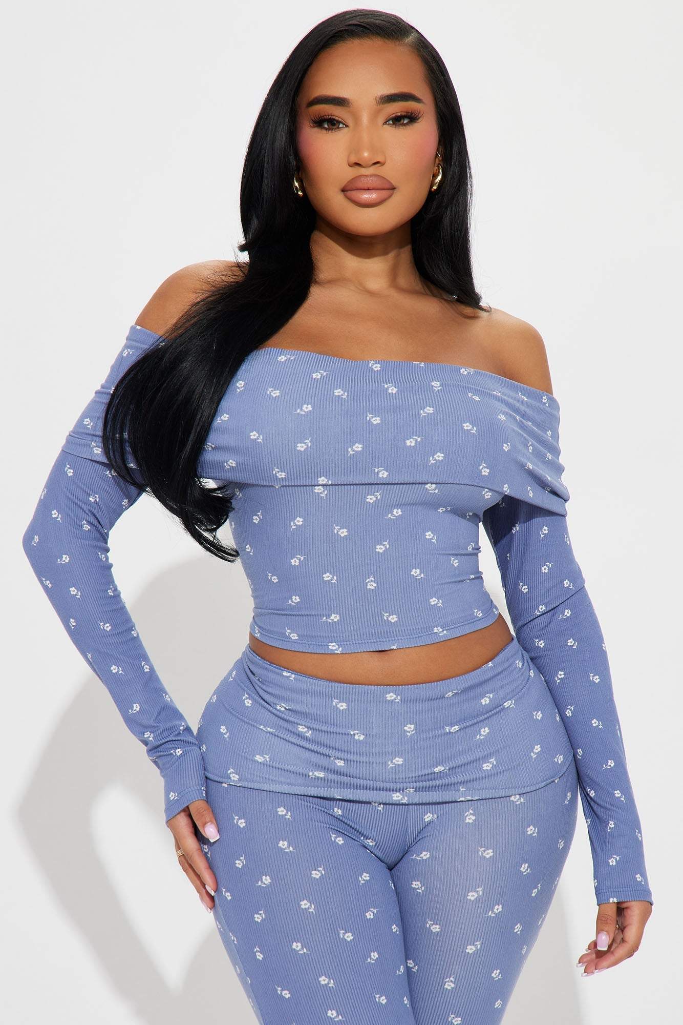 Bella Ditsy Floral Flare Pant set - Blue/comboAvailable In Blue/combo. Long Sleeve Top and Flare Leg Pant Set Stretch Regular 33" Inseam Elastic Waistband Self: 87% Polyester 13% Spandex Imported California PropMatching SetsBella Ditsy Floral Flare Pant set