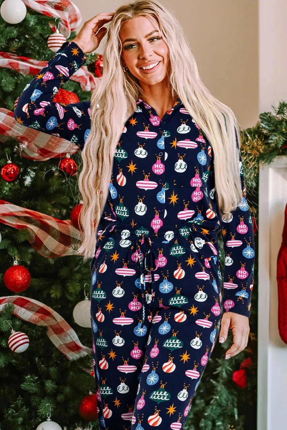 Christmas Lights Print Collared Neck Top and Pants Set.