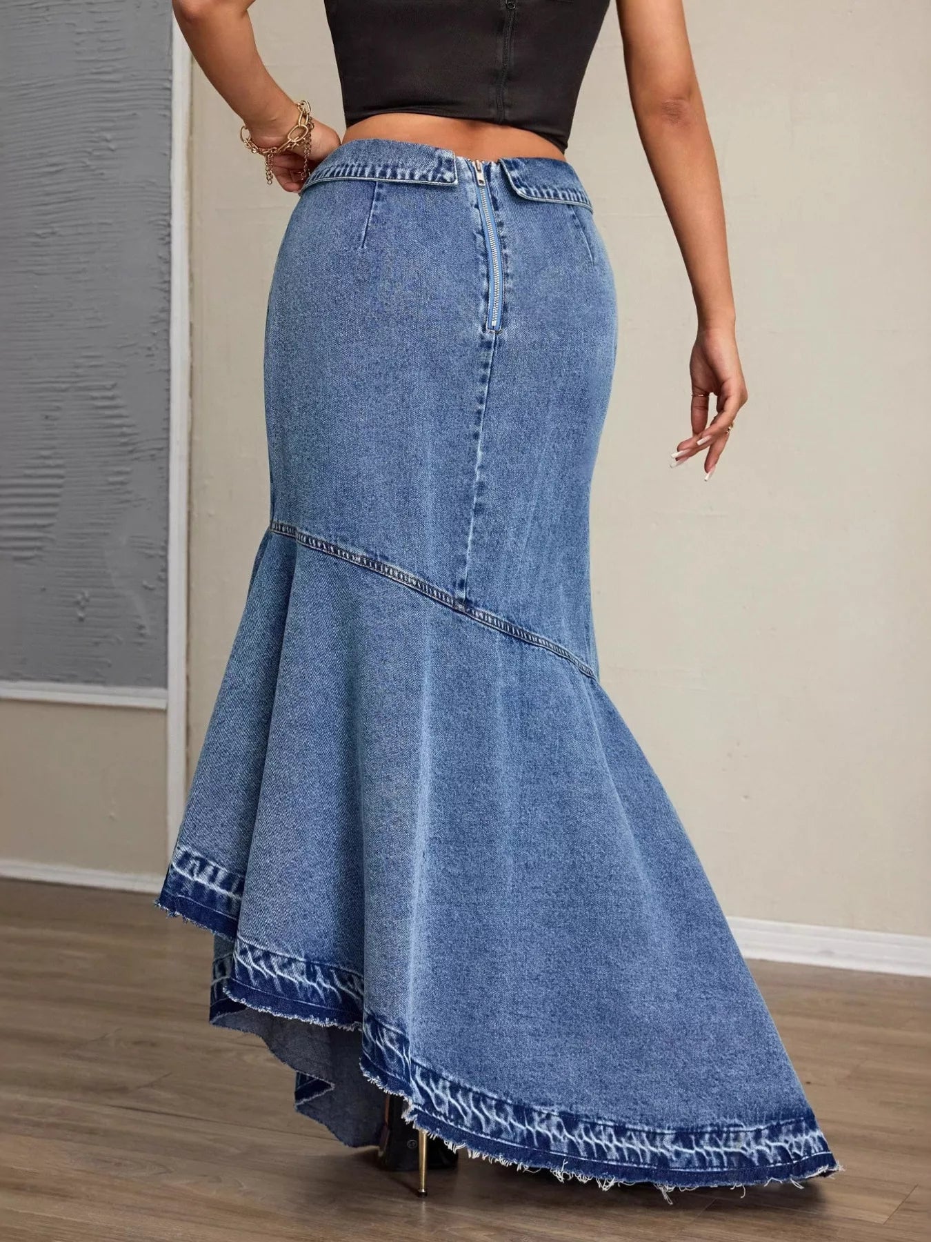 High-Waist Asymmetrical Slit Denim Maxi Mermaid Skirt.