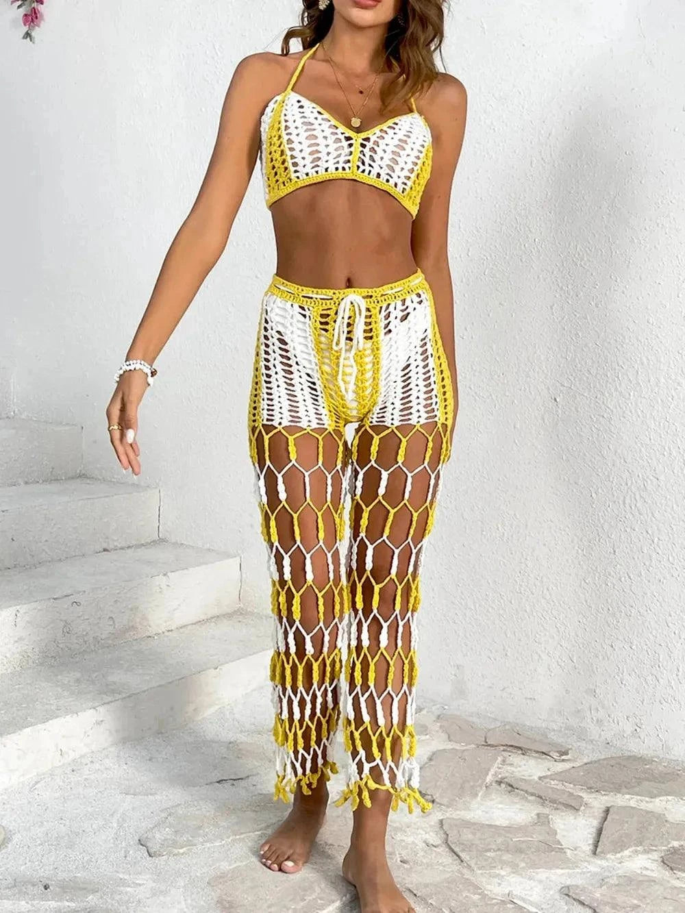 Cutout Halter Neck Swim Set - Two-Piece Top and Pants Swimwear.