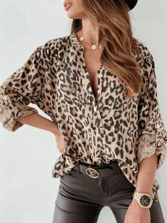 Full Size Leopard Print Roll-Tab Sleeves Blouse Plus Size