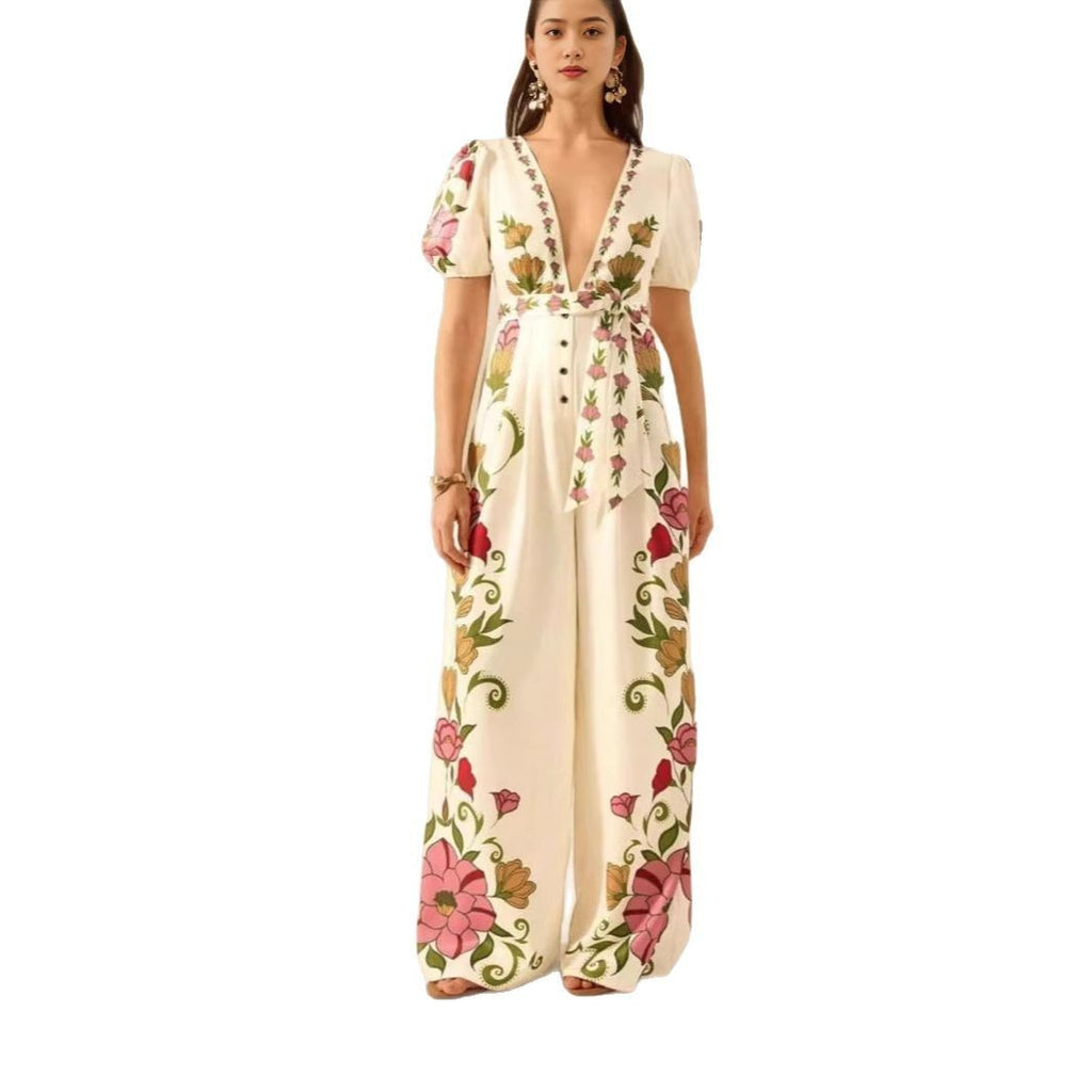 Women's Wide-leg Jumpsuit with Deep V-neck and Printed Fashion Design.