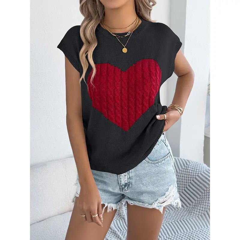 Women's Heart Color Block Knit Top - Casual Sleeveless Valentine Shirt D'Alina Confecções Store