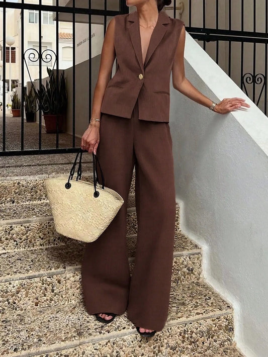 Sleeveless Blazer Pants Set with Wide Leg Trousers.
