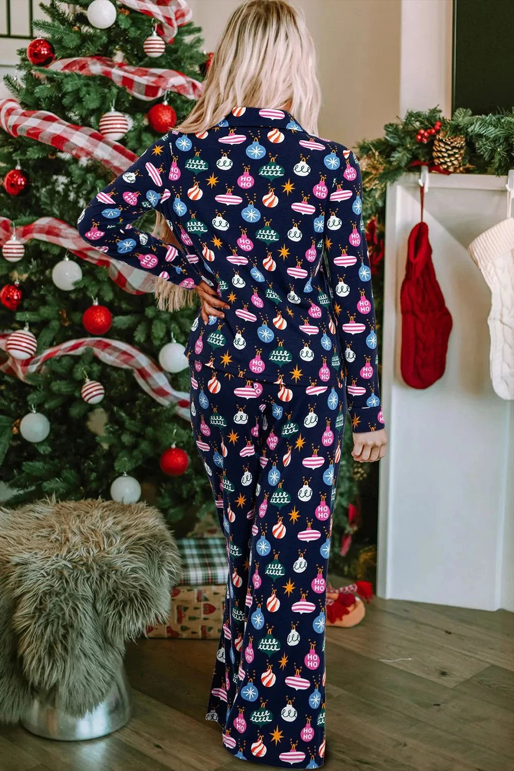 Christmas Lights Print Collared Neck Top and Pants Set.