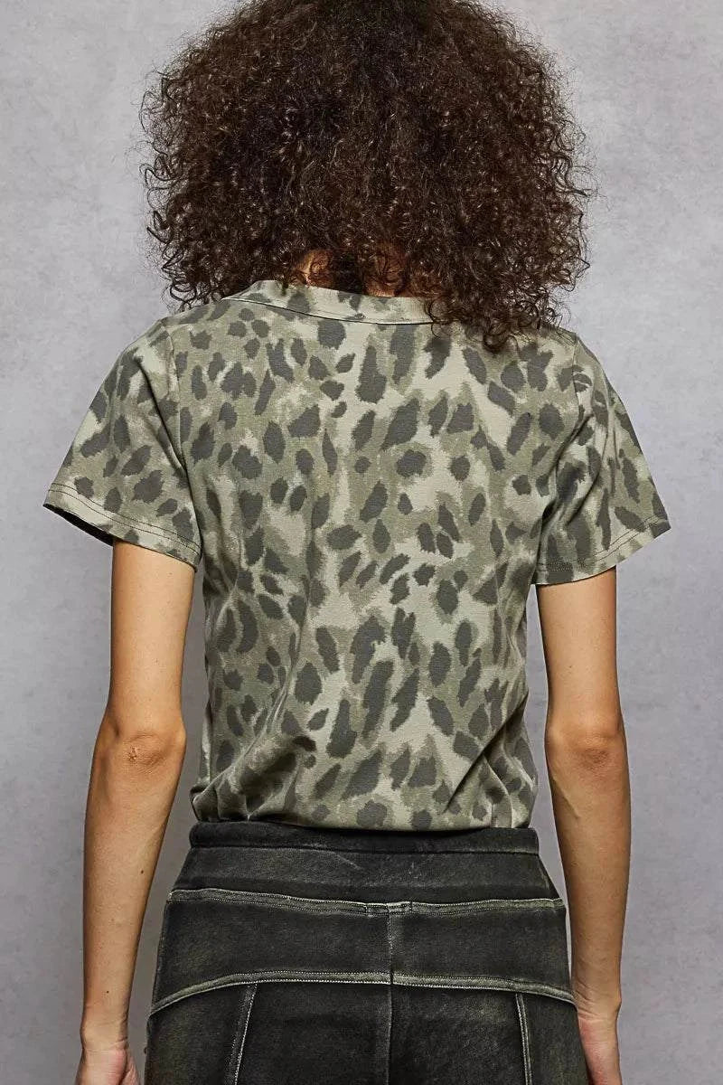 Back view of woman wearing POL Printed V-Neck leopard print short sleeve t-shirt