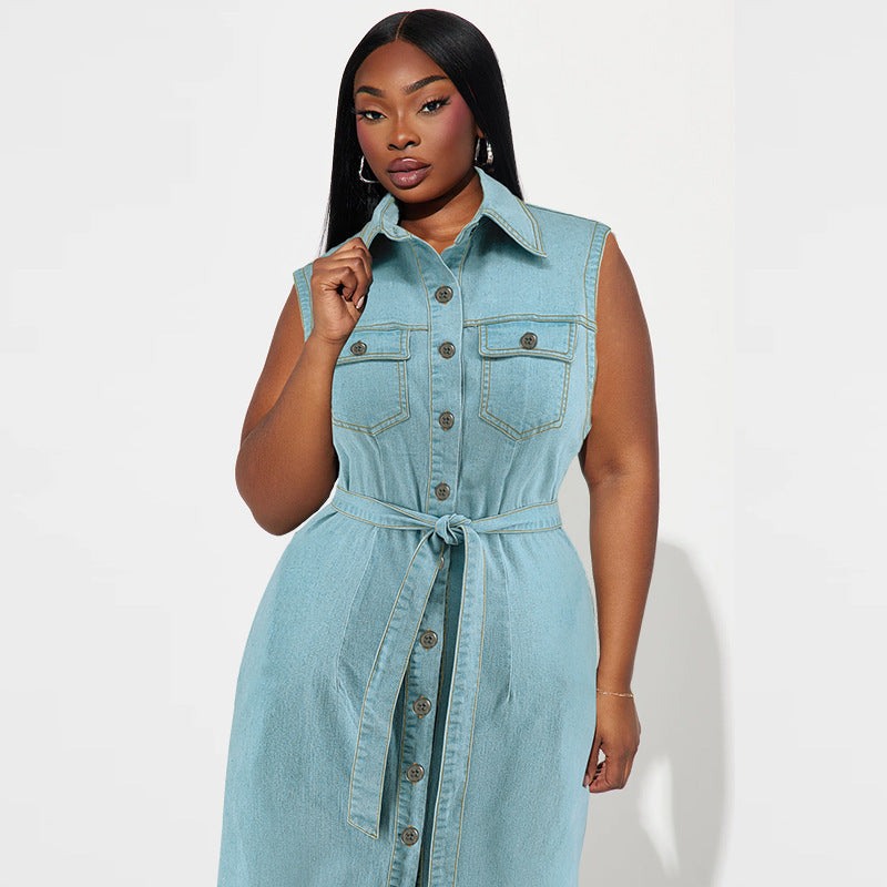 Plus Size Denim Dress - Women's Sleeveless Lace-up Long Dress with Lapel.