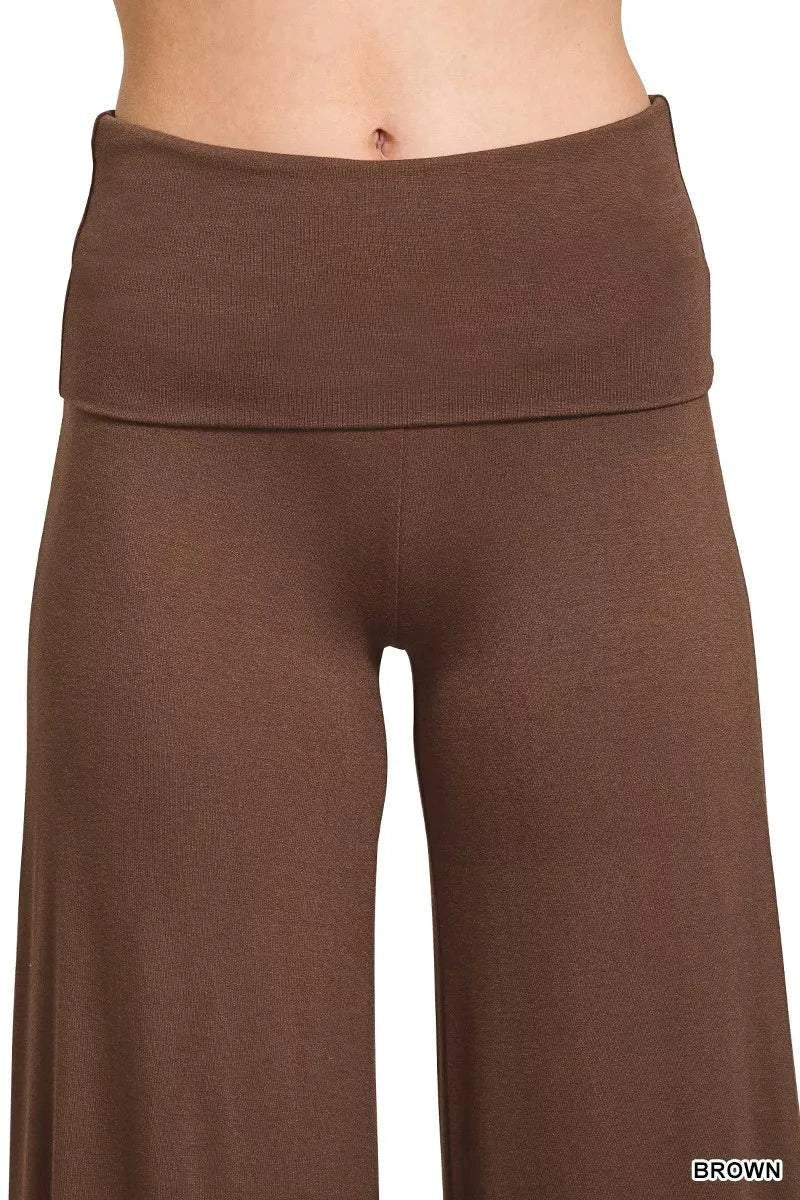 Brown Zenana fold over waist wide leg comfy pants with pocketed design