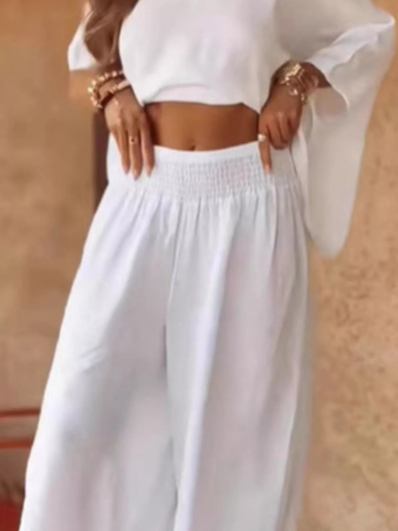 Plus size white full size boat neck top and wide leg pants set with no stretch and soft fabric