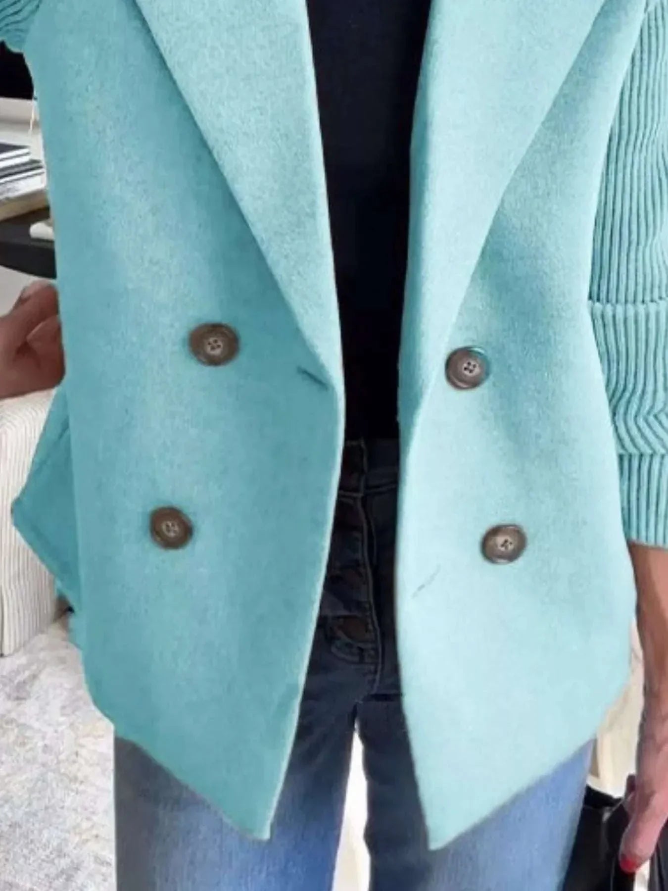 Plus size double-breasted outerwear with full size knit sleeves in light blue color