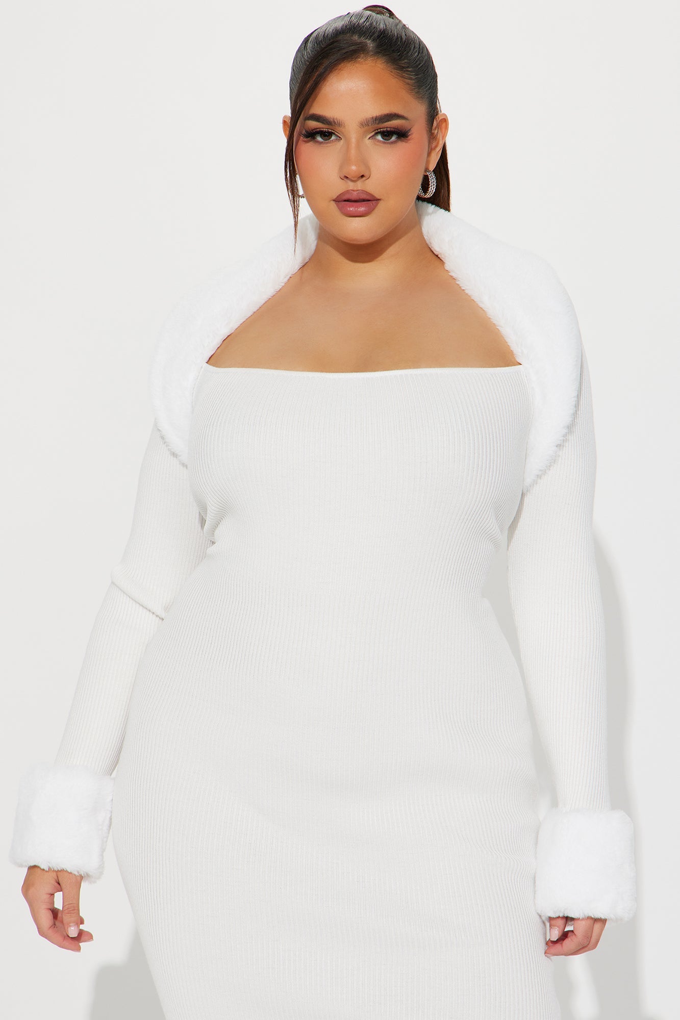 Shilah Faux Fur Sweater Midi Dress - Ivory.
