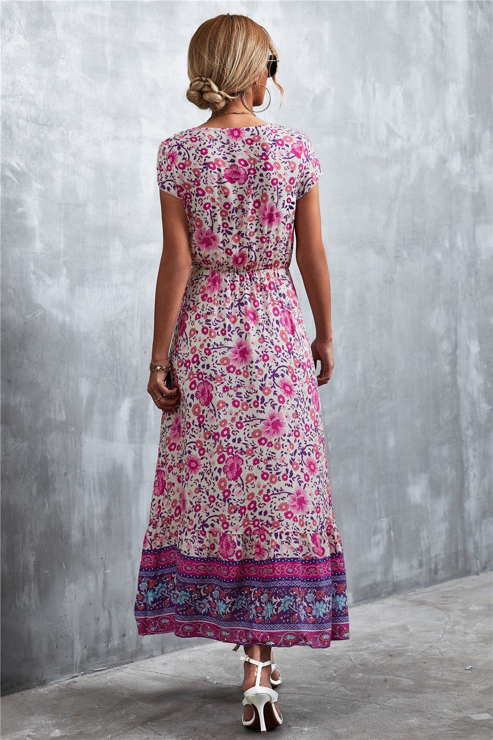 Bohemian Maxi Dress for Women: V-Neck Short Sleeve Printed Maxi Dress.