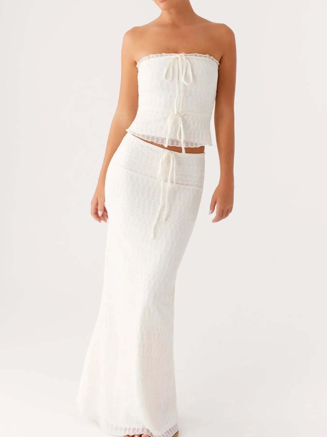 White tie front tube top and maxi skirt set with lace detail and slight stretch