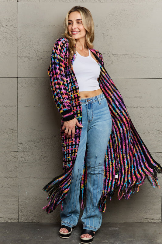 Angel Wings Full Size Multicolored Open Front Fringe Hem Cardigan.