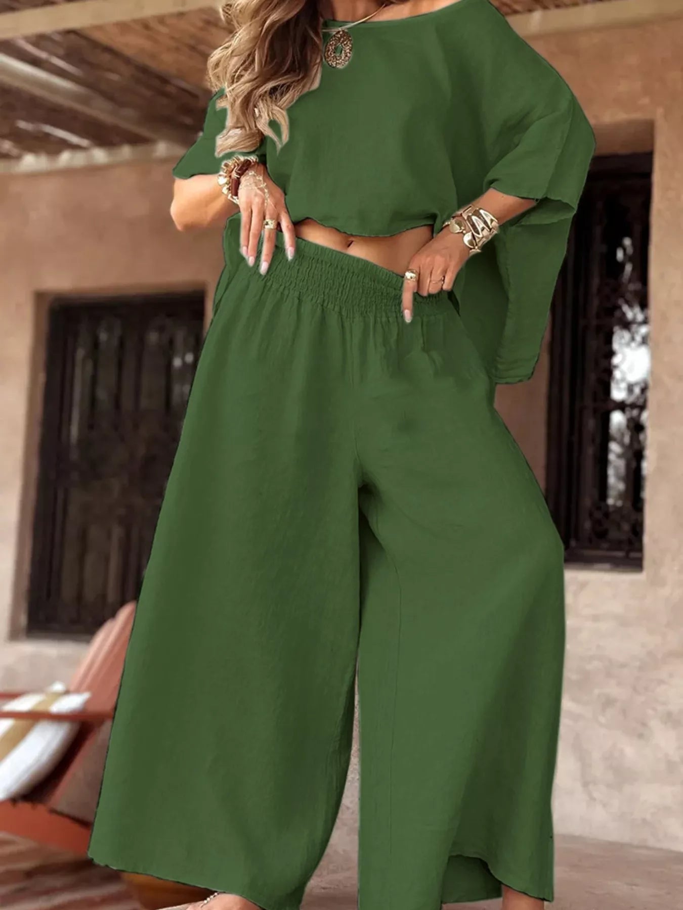 Full size boat neck top and wide leg pants plus size set in green polyester blend