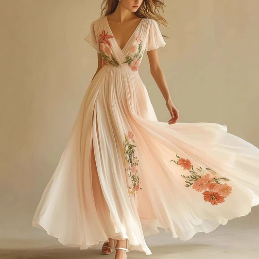 Women's V-neck Digital Printing Dress - Short-sleeved Long Dress