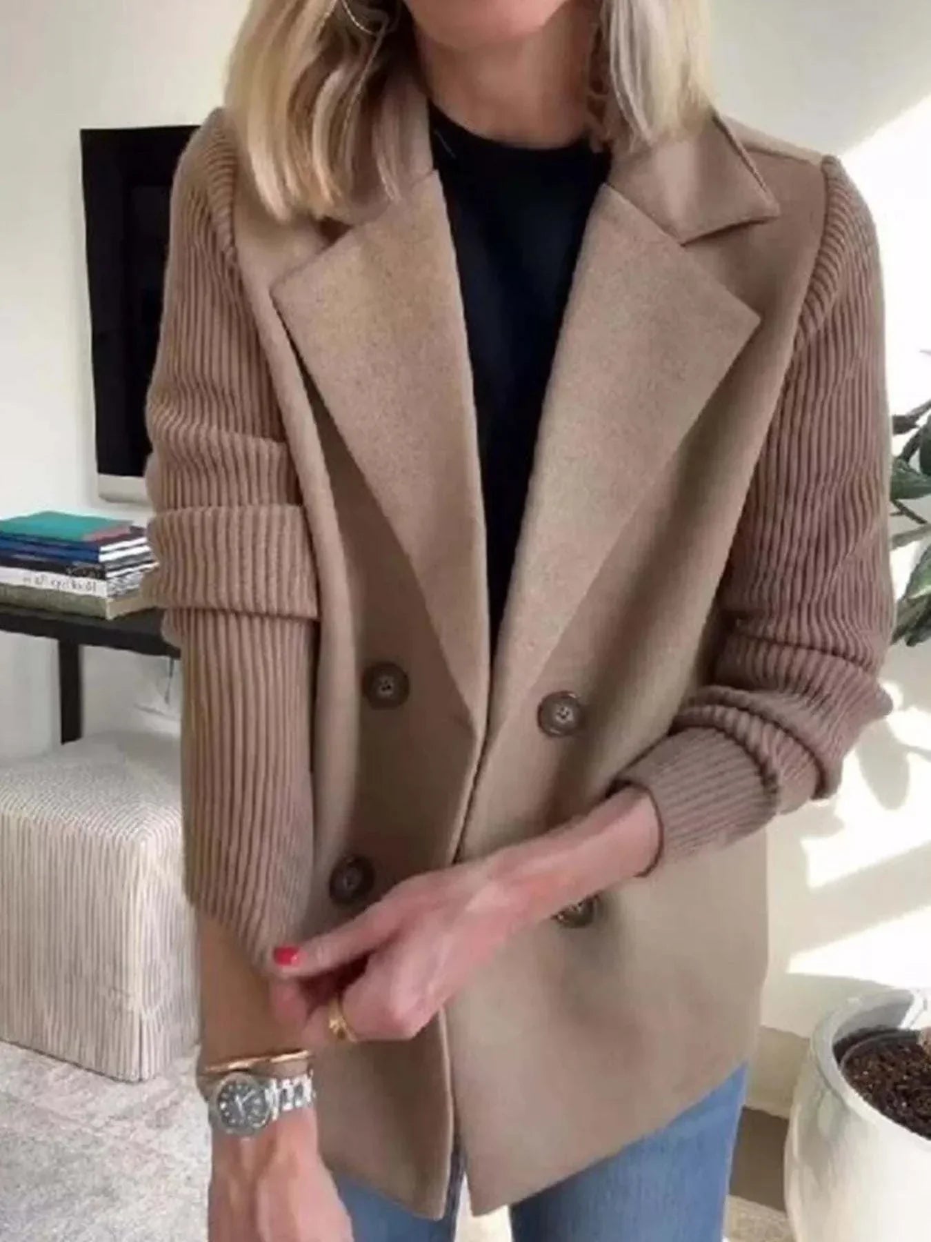 Plus size full size knit sleeve double-breasted outerwear with ribbed sleeves and buttoned front in beige