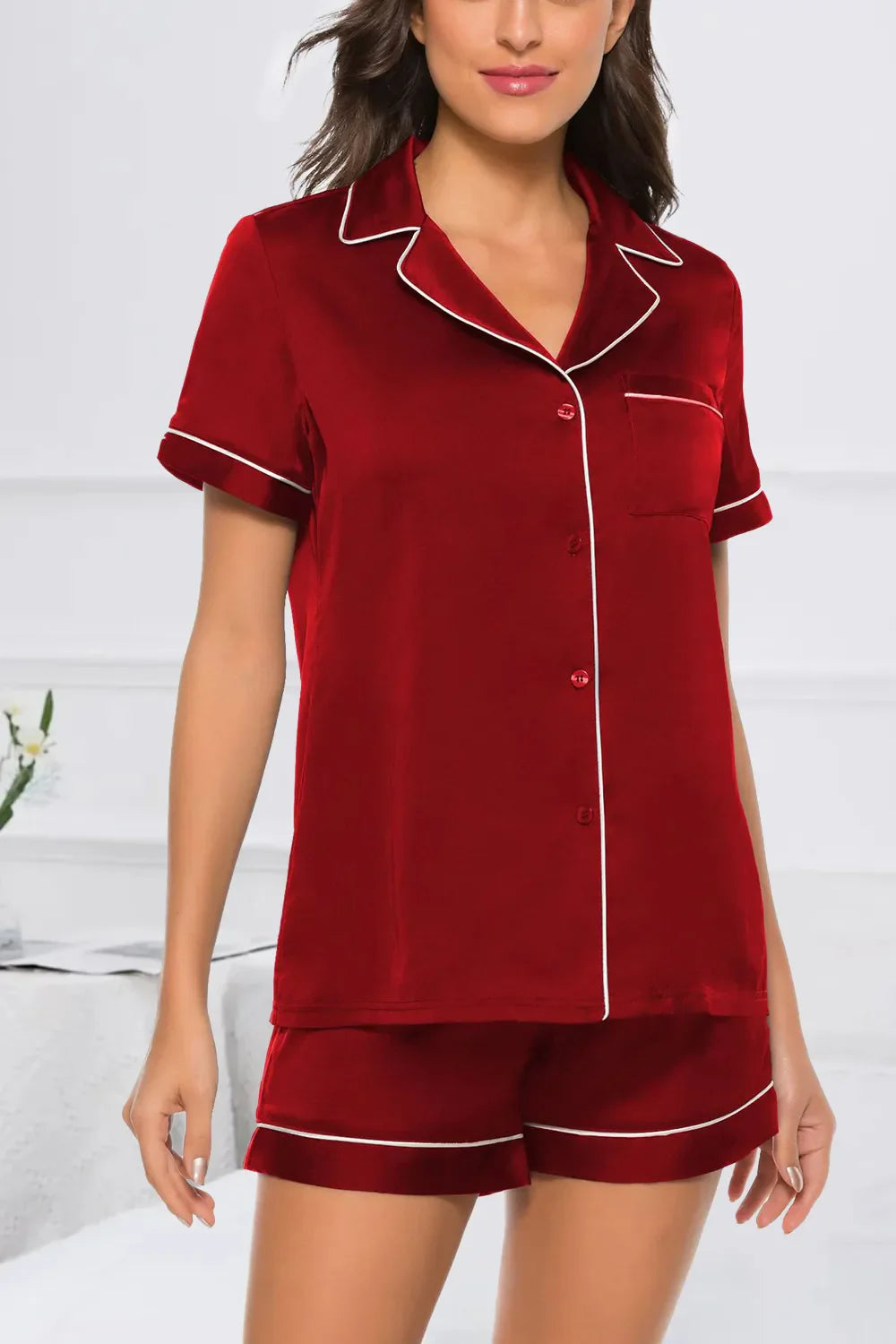 Printed button up short sleeve top and shorts lounge set in red with white piping detail