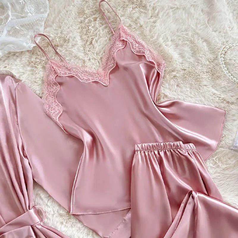 3-piece Pajama Set Autumn Winter Faux-silk Night Gown Bathrobe Sexy Ice-silk Camisole Pajama Redemption By Ashley North