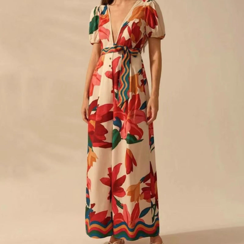 Women's Wide-leg Jumpsuit with Deep V-neck and Printed Fashion Design.