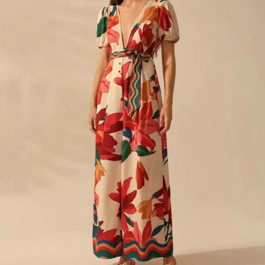 Women's Wide-leg Jumpsuit with Deep V-neck and Printed Fashion Design