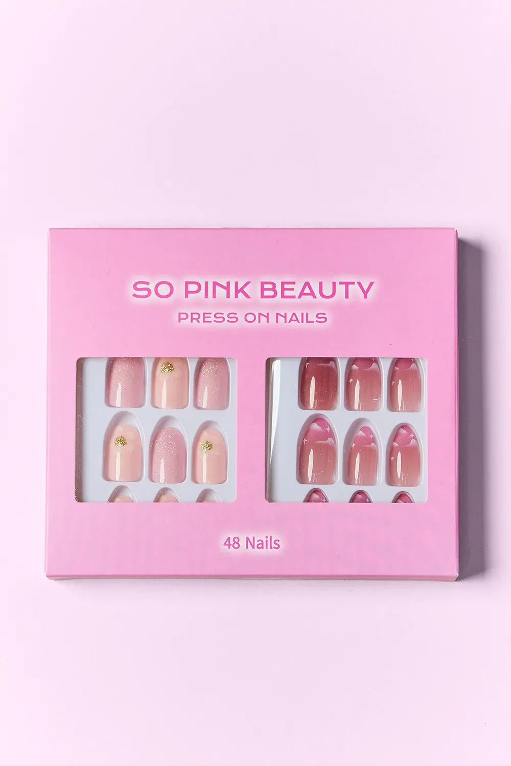 So Pink Beauty Press On Nails two-pack with 48 versatile pink nail designs and glue for easy application
