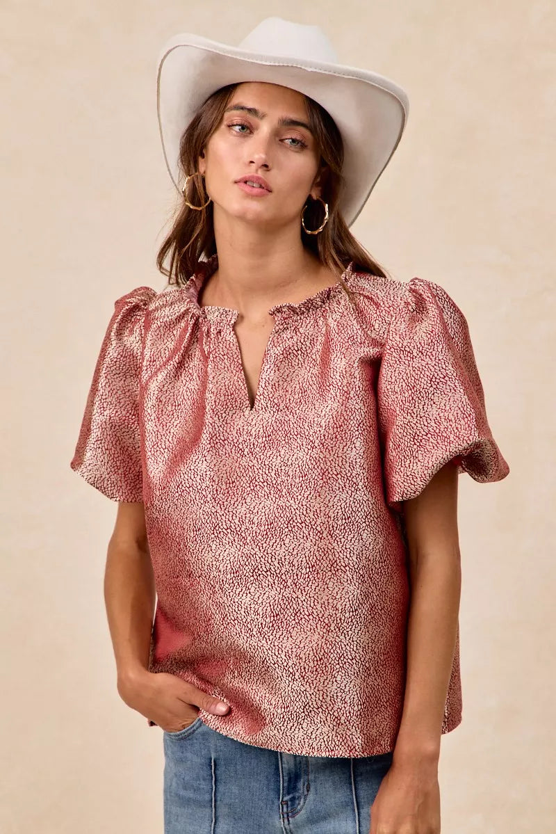Woman wearing BiBi Jacquard Woven short balloon sleeves V neck top with ruffled details and no stretch fabric