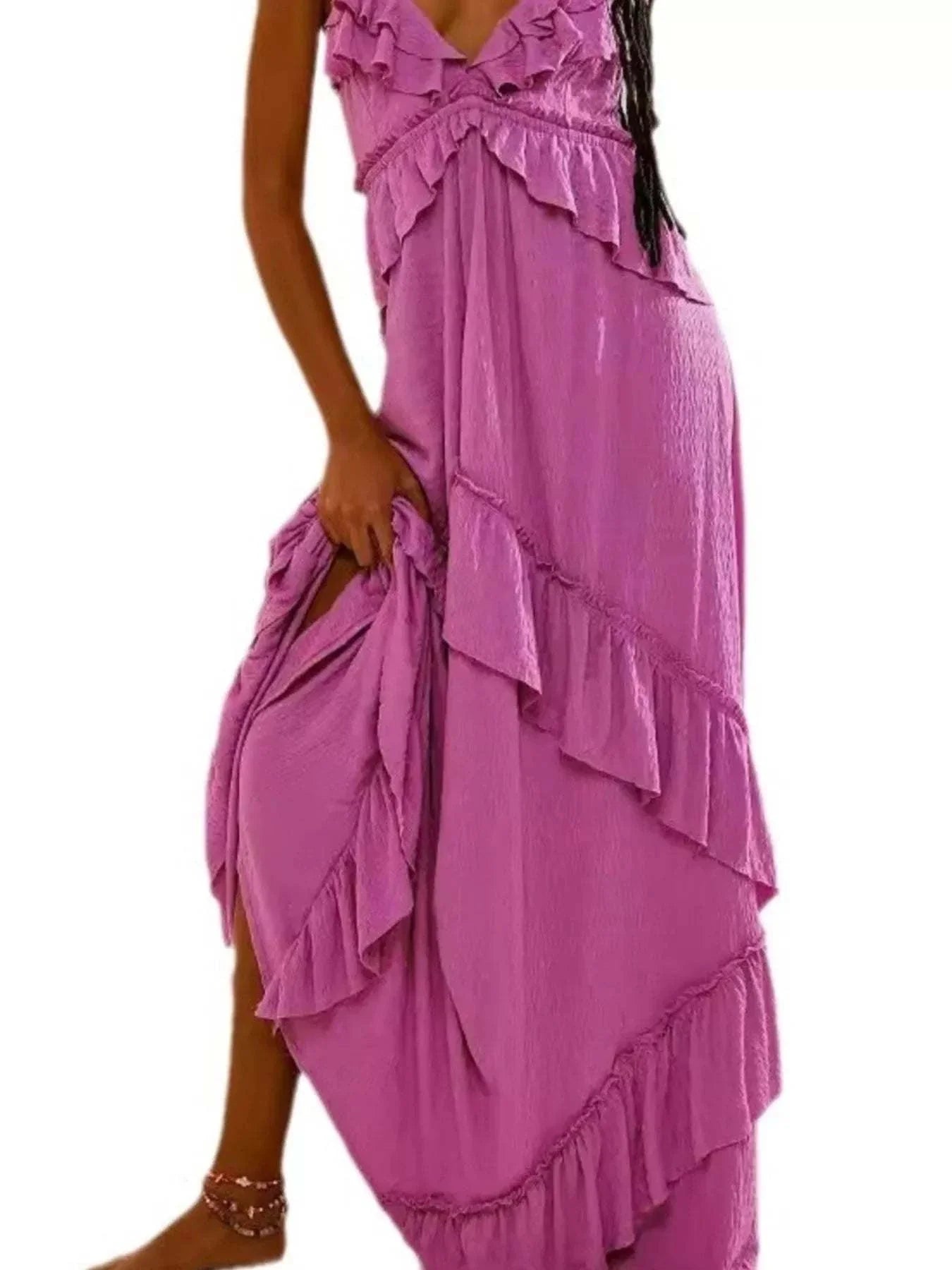 Ruffled halter neck maxi dress in pink polyester with tiered ruffles and tied detail