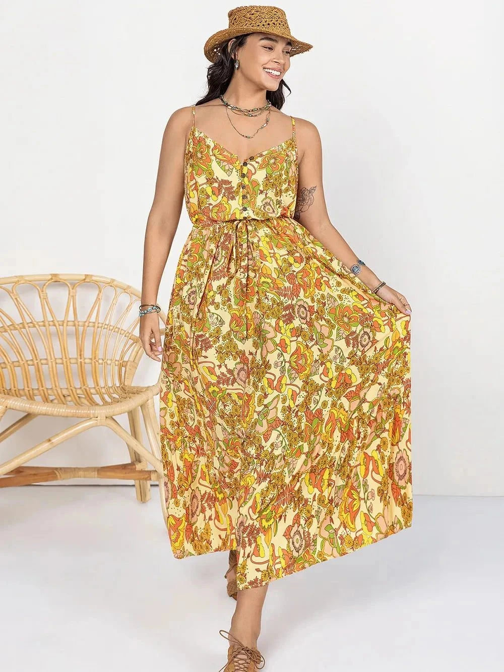 Plus Size Maxi Dress - Printed V-Neck Maxi Cami Dress.