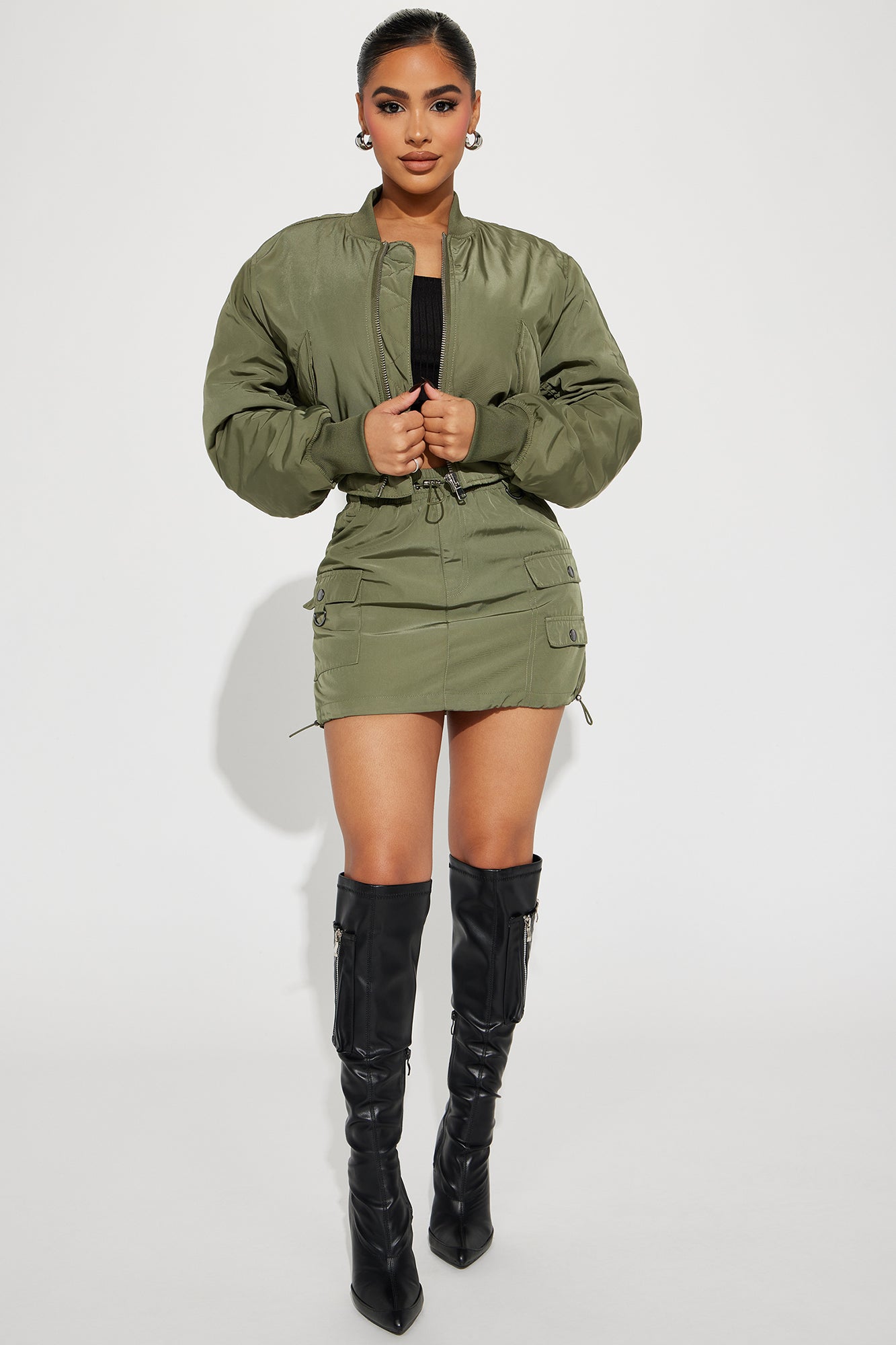 Got To Get Away Bomber Skirt Set - Olive Green Bomber Skirt Set Olive.