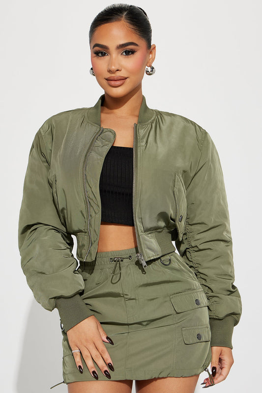 Got To Get Away Bomber Skirt Set - Olive Green Bomber Skirt Set Olive.