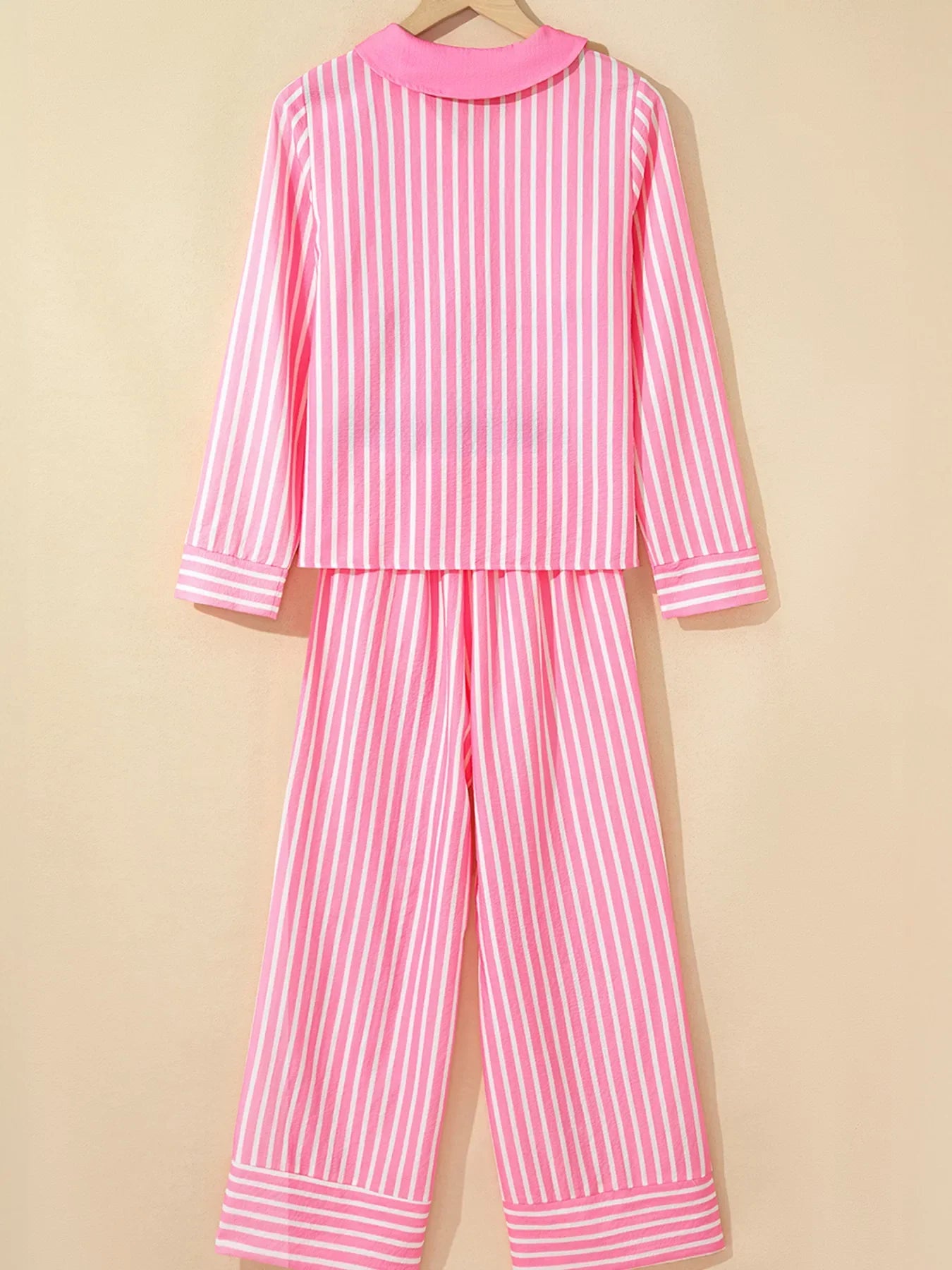 Pink stripe buttoned front long sleeve top and pants two-piece sleepwear set