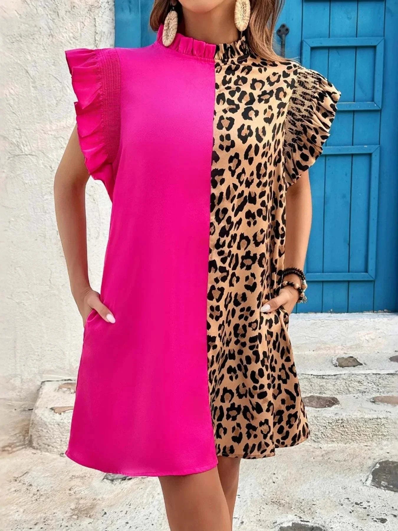 Leopard Color Block Dress with Ruffle Sleeves.