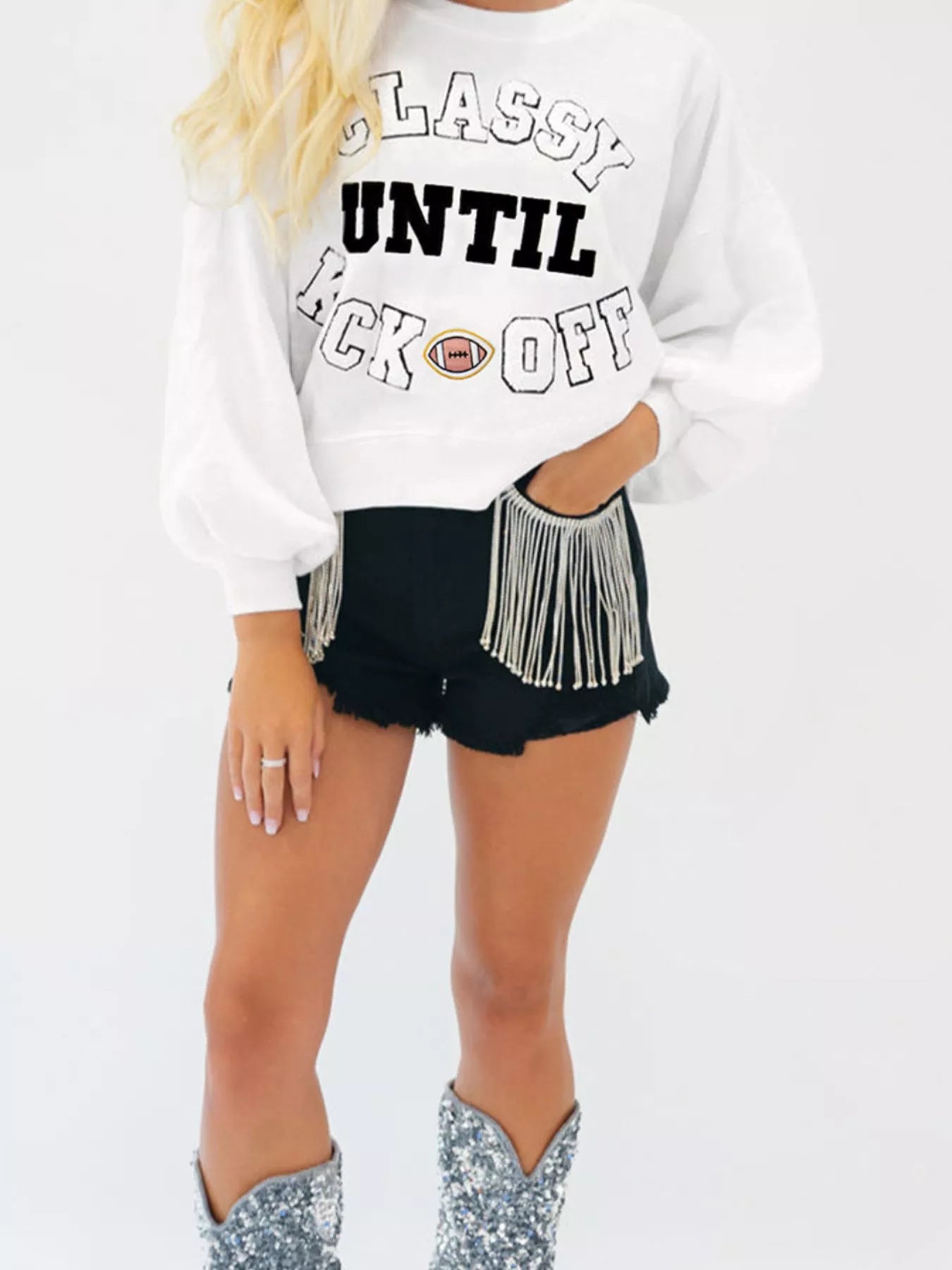 CLASSY UNTIL KICKOFF Plush Letter Patched Loose Sweatshirt.