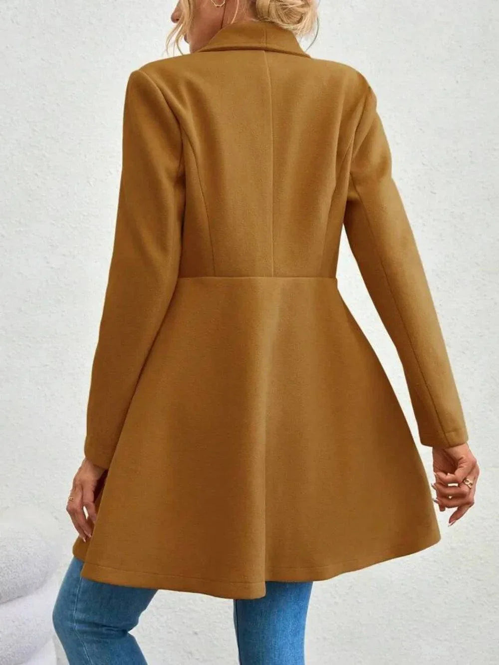 women's collared neck button up long sleeve brown coat back view
