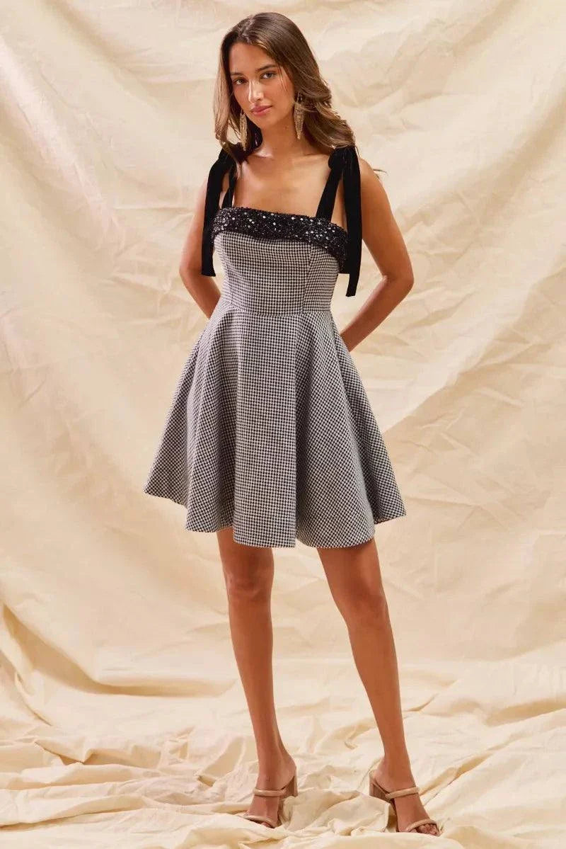 SO ME Houndstooth Fit Flare Mini Dress with Shoulder Tie for a Trendy Look.