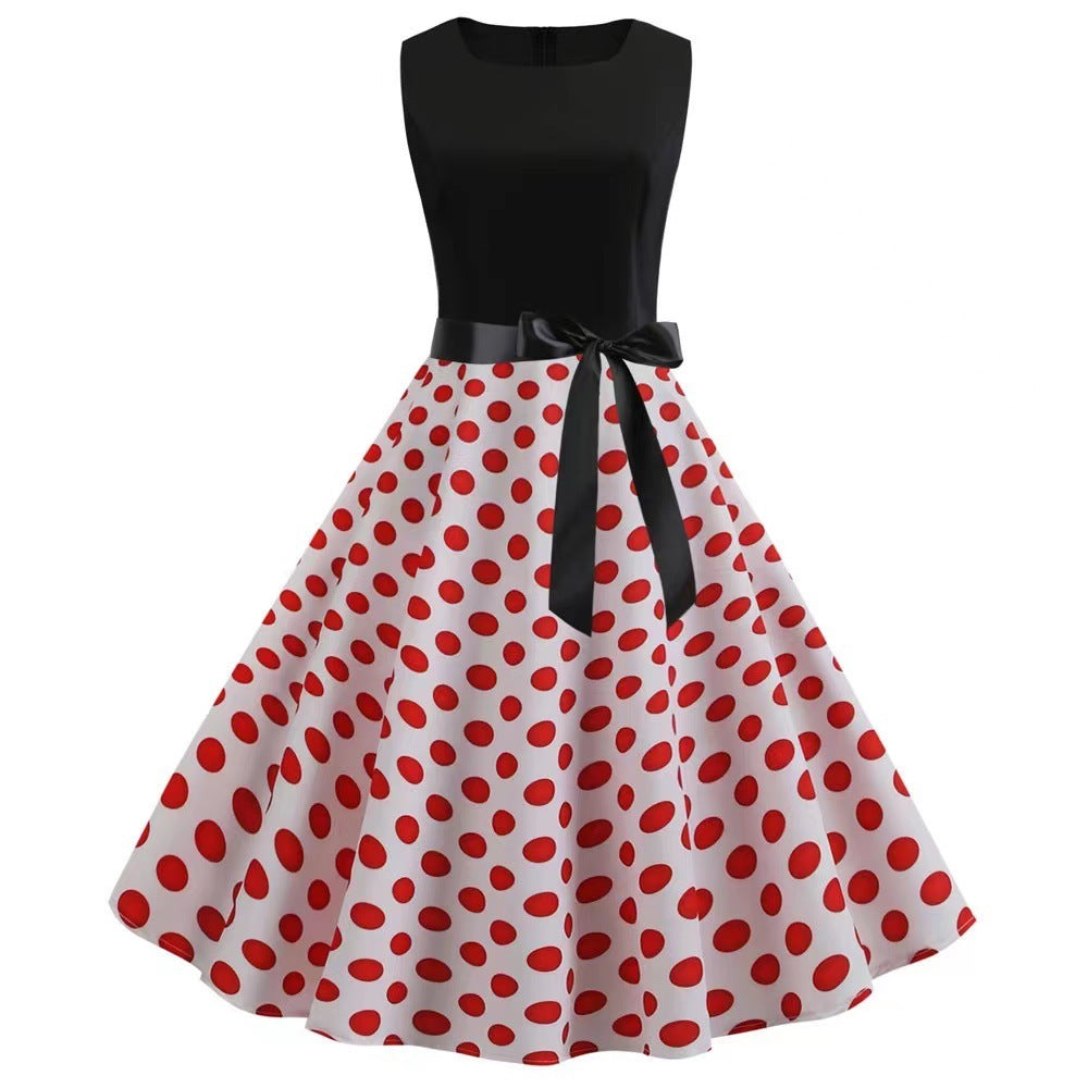 Retro Polka Dot Zip Dress - Sleeveless Crew Neck with Self-tie Detail.