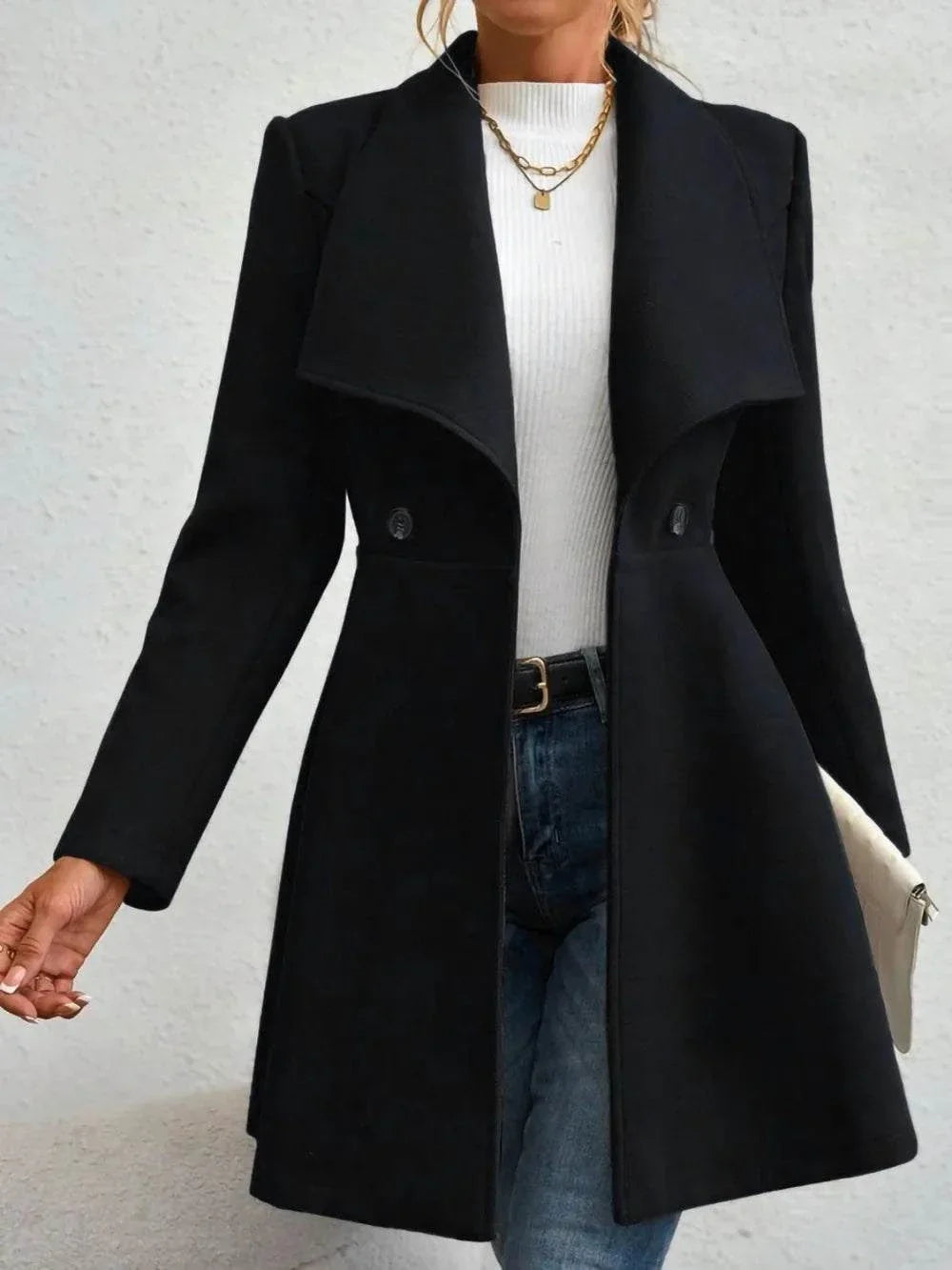 black collared neck button up long sleeve coat polyester basic style