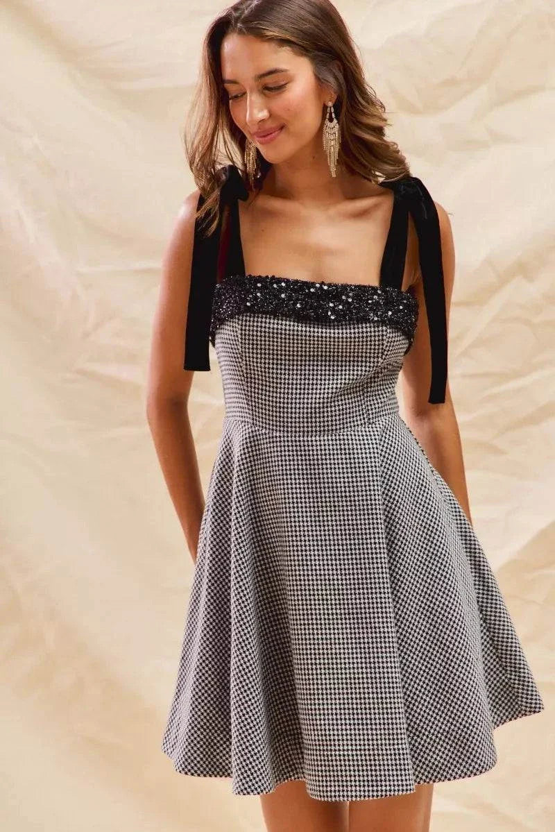 SO ME Houndstooth Fit Flare Mini Dress with Shoulder Tie for a Trendy Look.