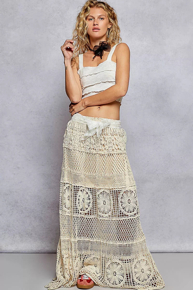 POL Crochet Floral long flared crochet skirt with elastic waistband and knit lining in cream color