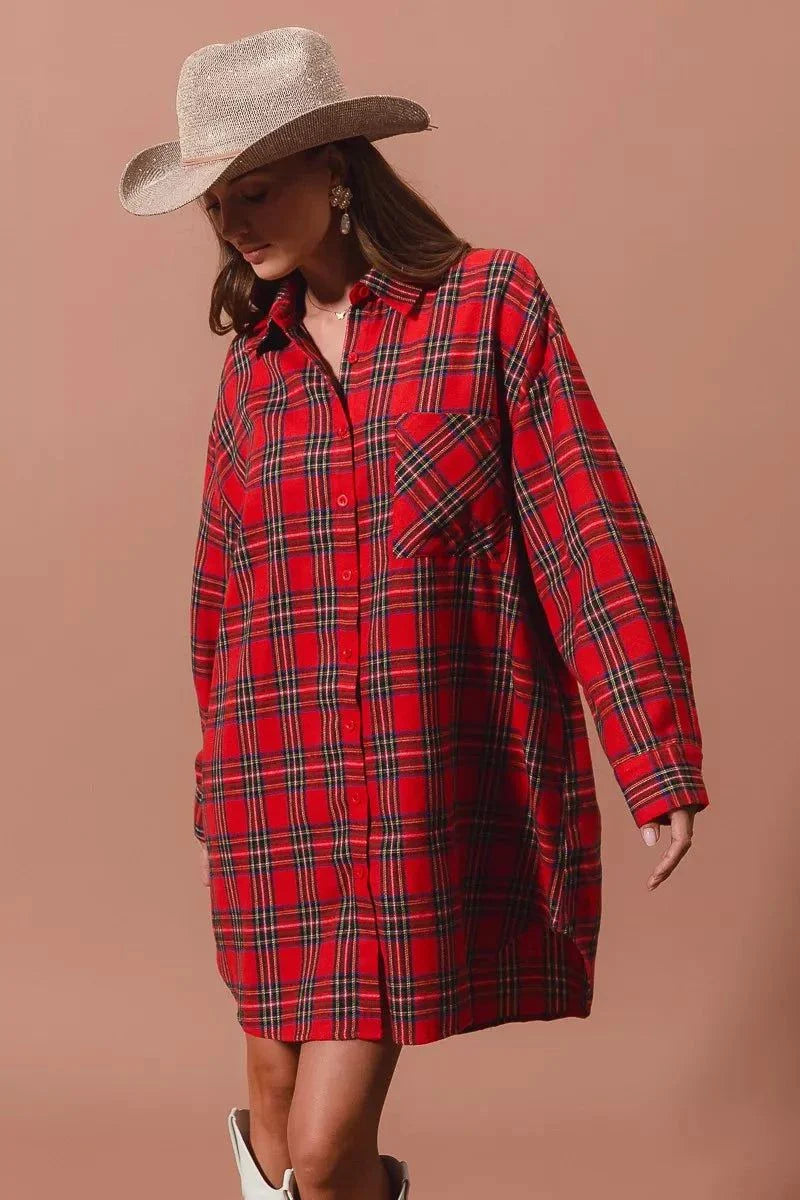 SO ME Christmas Checker Plaid Button Up Shirt DressThis Red Plaid Oversized Shirt Dress is a stylish and comfortable choice for any occasion. Made from a soft and breathable fabric, this dress features a classic plaiChristmas Checker Plaid