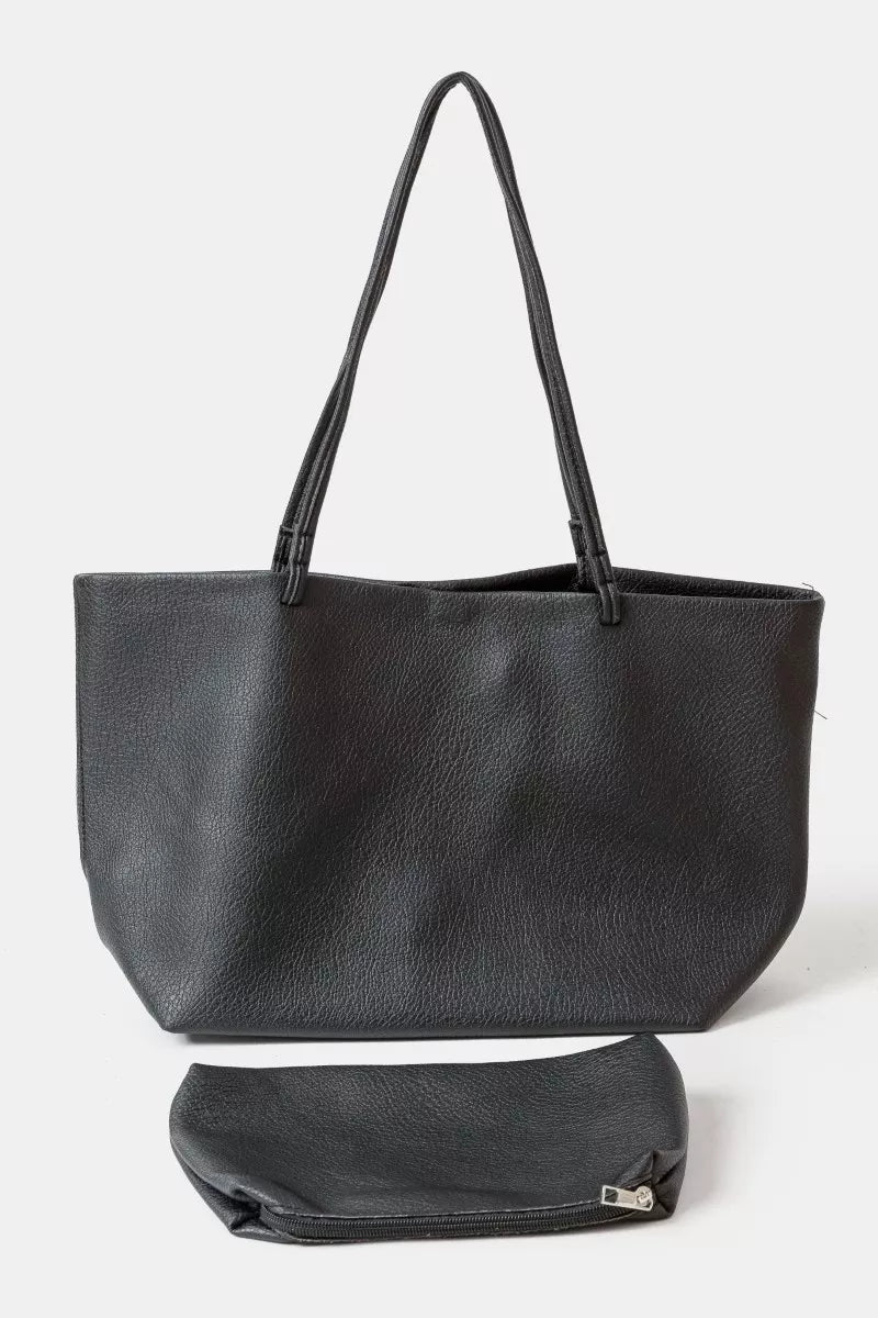 Fame Soft Solid Color Tote Bag black leather large handbag with detachable zipper pouch and shoulder straps