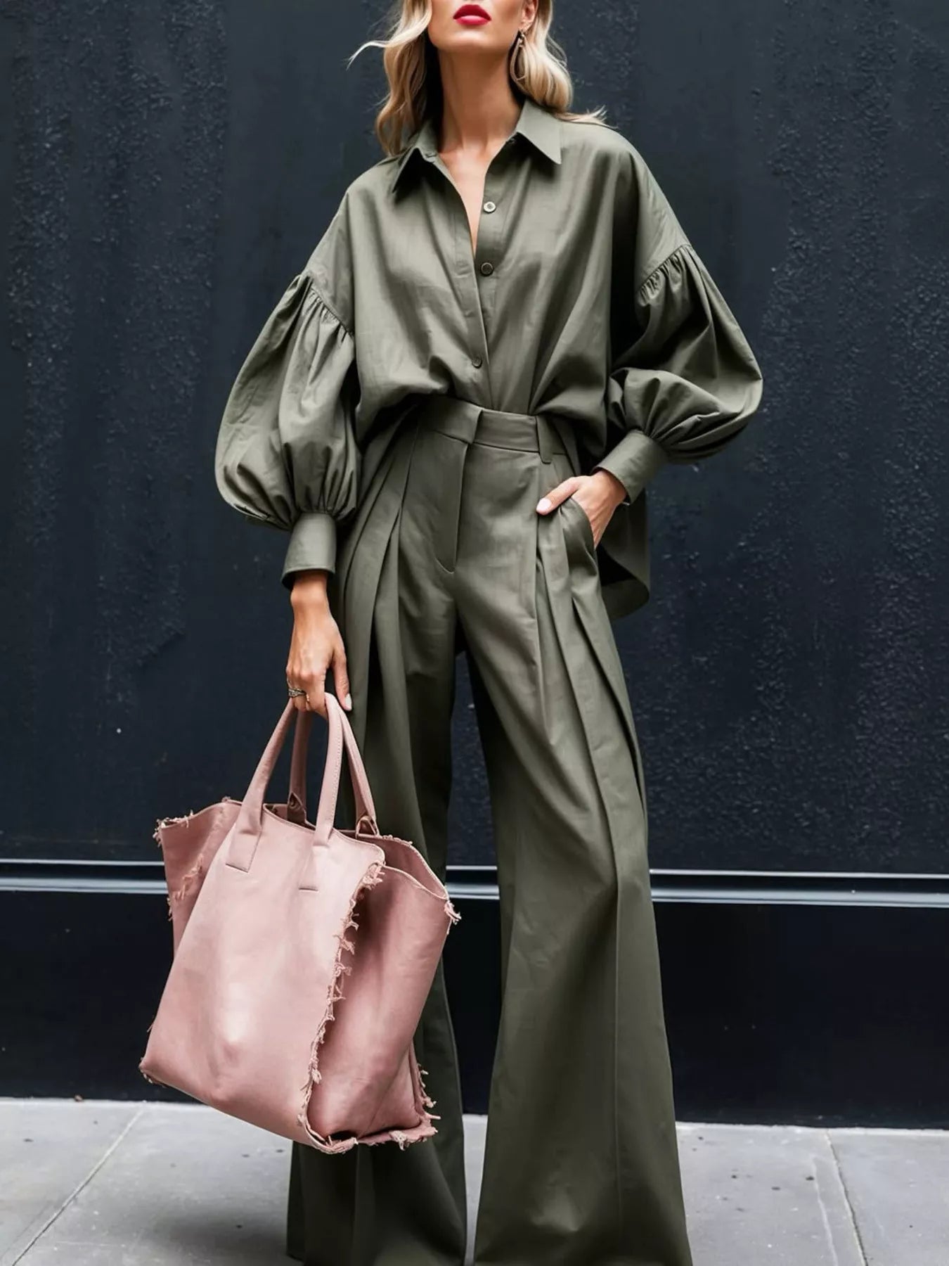 Olive lantern sleeve shirt and wide leg pants two-piece set with pockets and no stretch