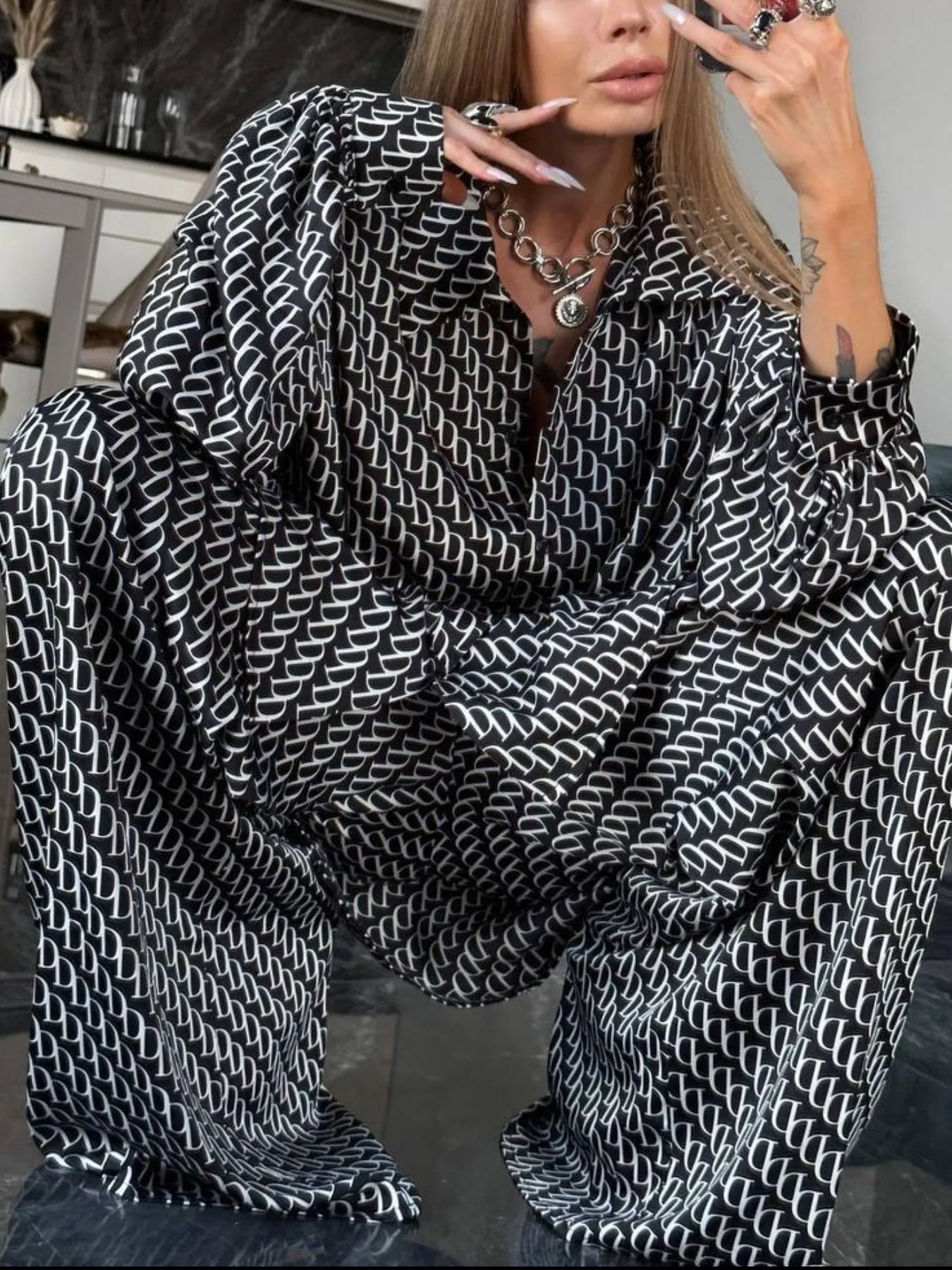 Oversized black and white printed button up shirt and pants set with chain pattern, two-piece polyester outfit